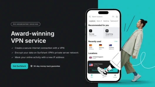 Surfshark award-winning VPN interface with recommended server locations shown on mobile, highlighting secure encrypted connection features.