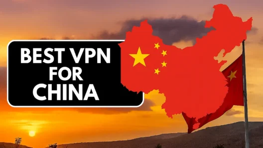 A digital composite graphic showing the text "BEST VPN FOR CHINA" on a black banner, with the red map of China featuring the Chinese flag, and a waving Chinese flag on a sunset background.