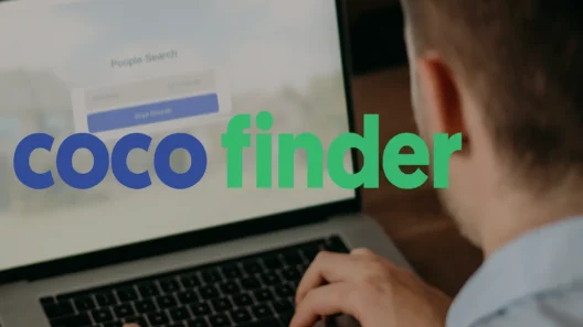 A man is using a laptop with the CocoFinder website on the screen. The CocoFinder logo is large and clear in the foreground, with nothing touching the image edges. The photo is in a bright, realistic style and 16:9 format.