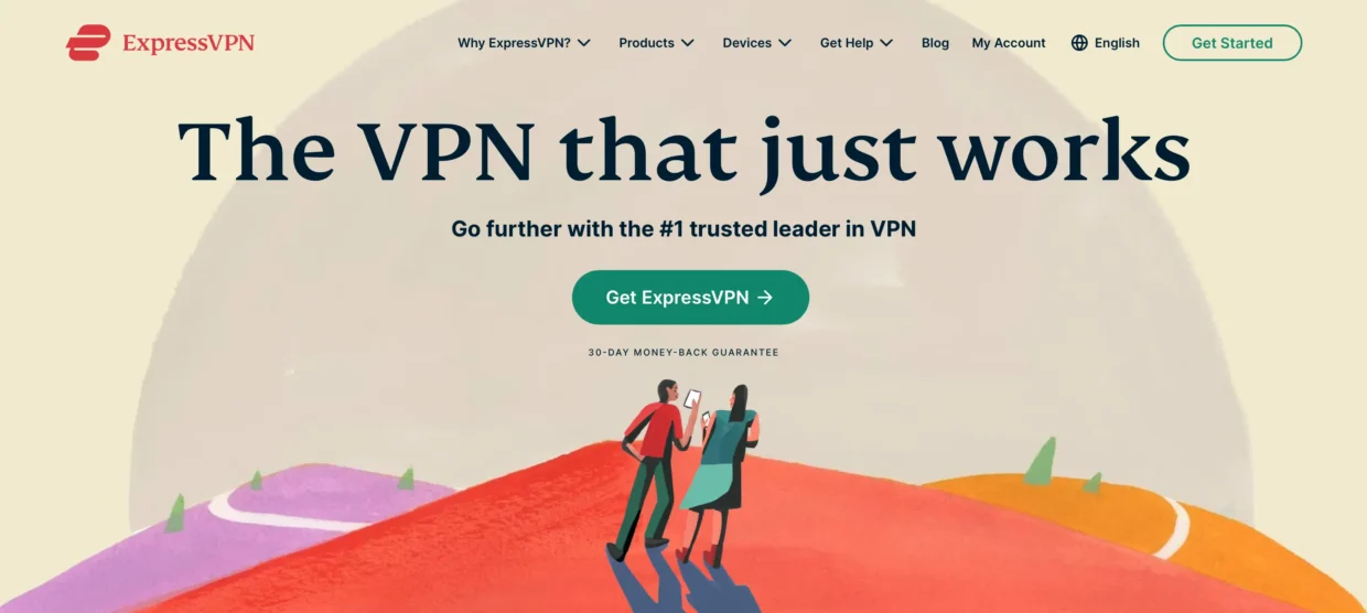 Homepage of ExpressVPN featuring the slogan "The VPN that just works," a green "Get ExpressVPN" button, and an illustration of two people using digital devices, highlighting ExpressVPN as a trusted leader in VPN services.