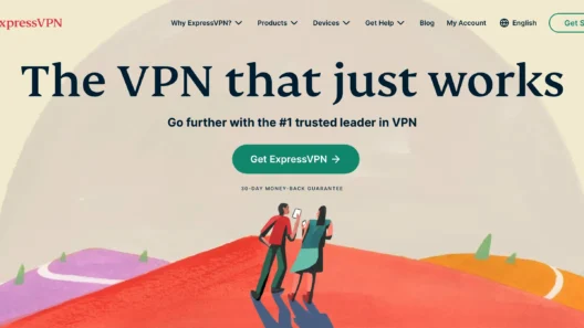 Homepage of ExpressVPN featuring the slogan "The VPN that just works," a green "Get ExpressVPN" button, and an illustration of two people using digital devices, highlighting ExpressVPN as a trusted leader in VPN services.
