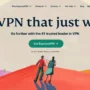Homepage of ExpressVPN featuring the slogan "The VPN that just works," a green "Get ExpressVPN" button, and an illustration of two people using digital devices, highlighting ExpressVPN as a trusted leader in VPN services.