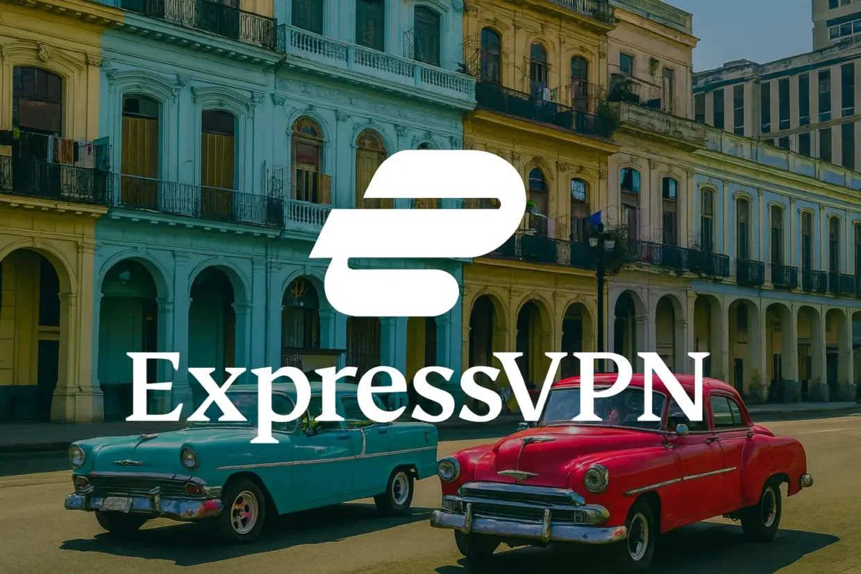 ExpressVPN logo over a Havana street scene with classic Cuban cars and colorful old buildings.