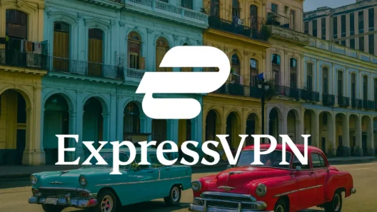 ExpressVPN logo over a Havana street scene with classic Cuban cars and colorful old buildings.