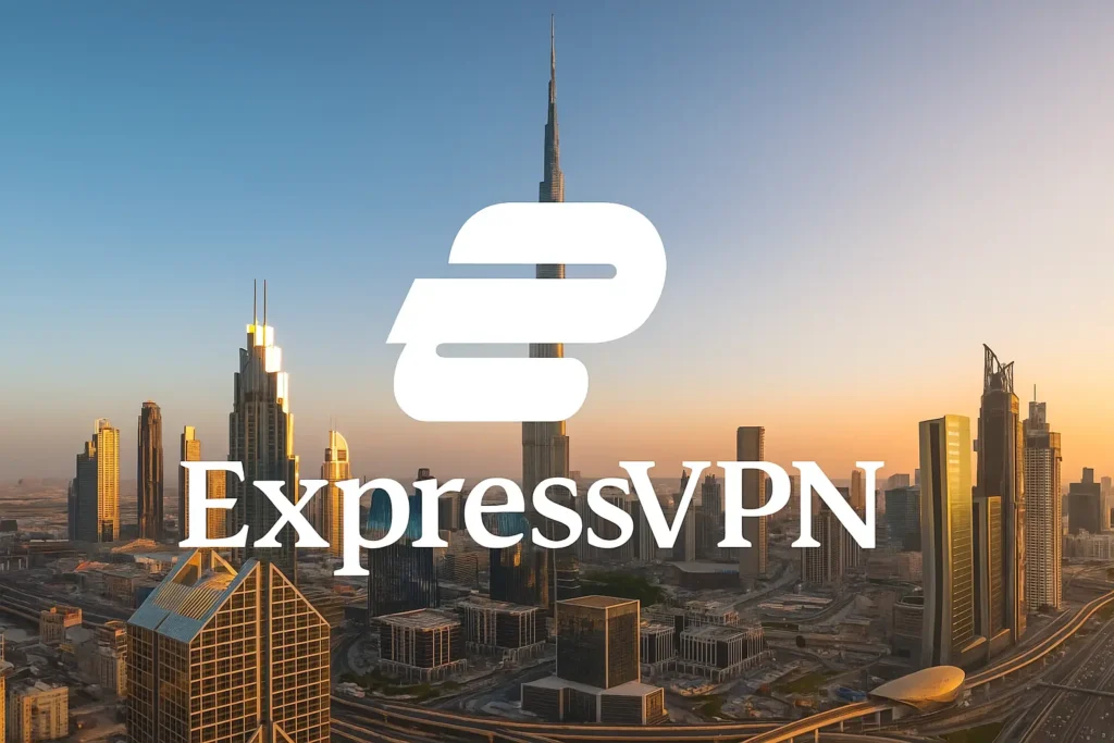 ExpressVPN logo centered over the Dubai skyline with Burj Khalifa, illustrating practical VPN use for unblocking streaming, making secure calls, and protecting privacy on hotel and public Wi-Fi networks in Dubai.