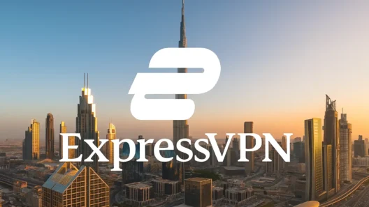 ExpressVPN logo centered over the Dubai skyline with Burj Khalifa, illustrating practical VPN use for unblocking streaming, making secure calls, and protecting privacy on hotel and public Wi-Fi networks in Dubai.