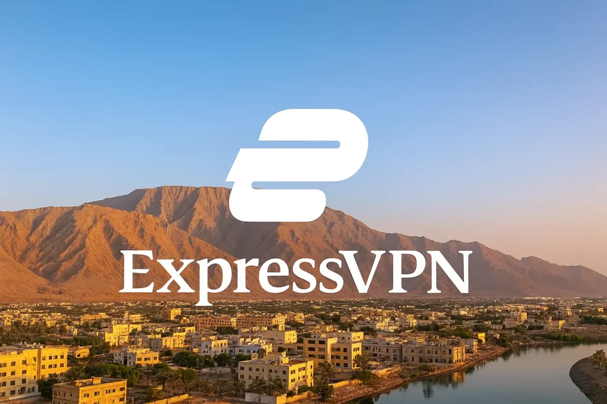 ExpressVPN logo over a sunset panorama of Ras Al Khaimah, with golden mountains and cityscape, symbolizing secure internet and digital freedom in the UAE.