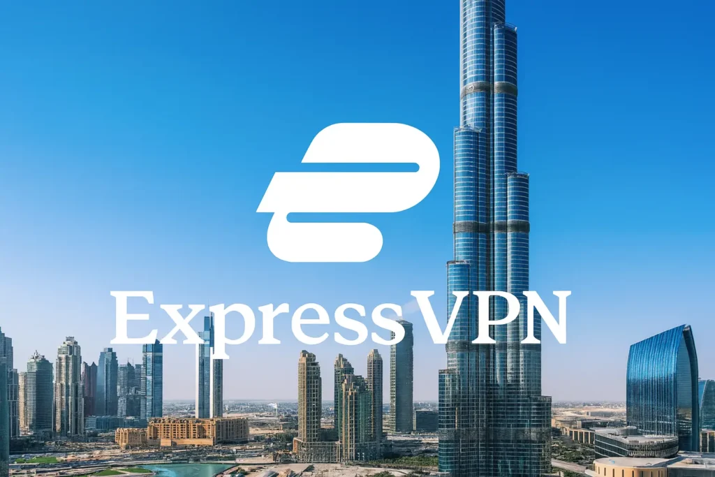 ExpressVPN logo centered over the Dubai skyline with Burj Khalifa, illustrating real-world VPN use for streaming, secure browsing, and VoIP calls during travel in the United Arab Emirates.