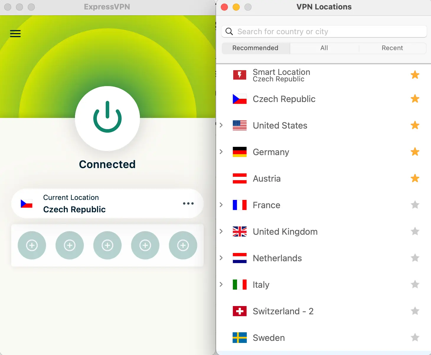 Screenshot of the ExpressVPN app on macOS, showing a successful connection to the Czech Republic server, with a list of alternative VPN locations including the US, Germany, and Austria — demonstrating the use of ExpressVPN for secure and flexible internet access while in Czechia.