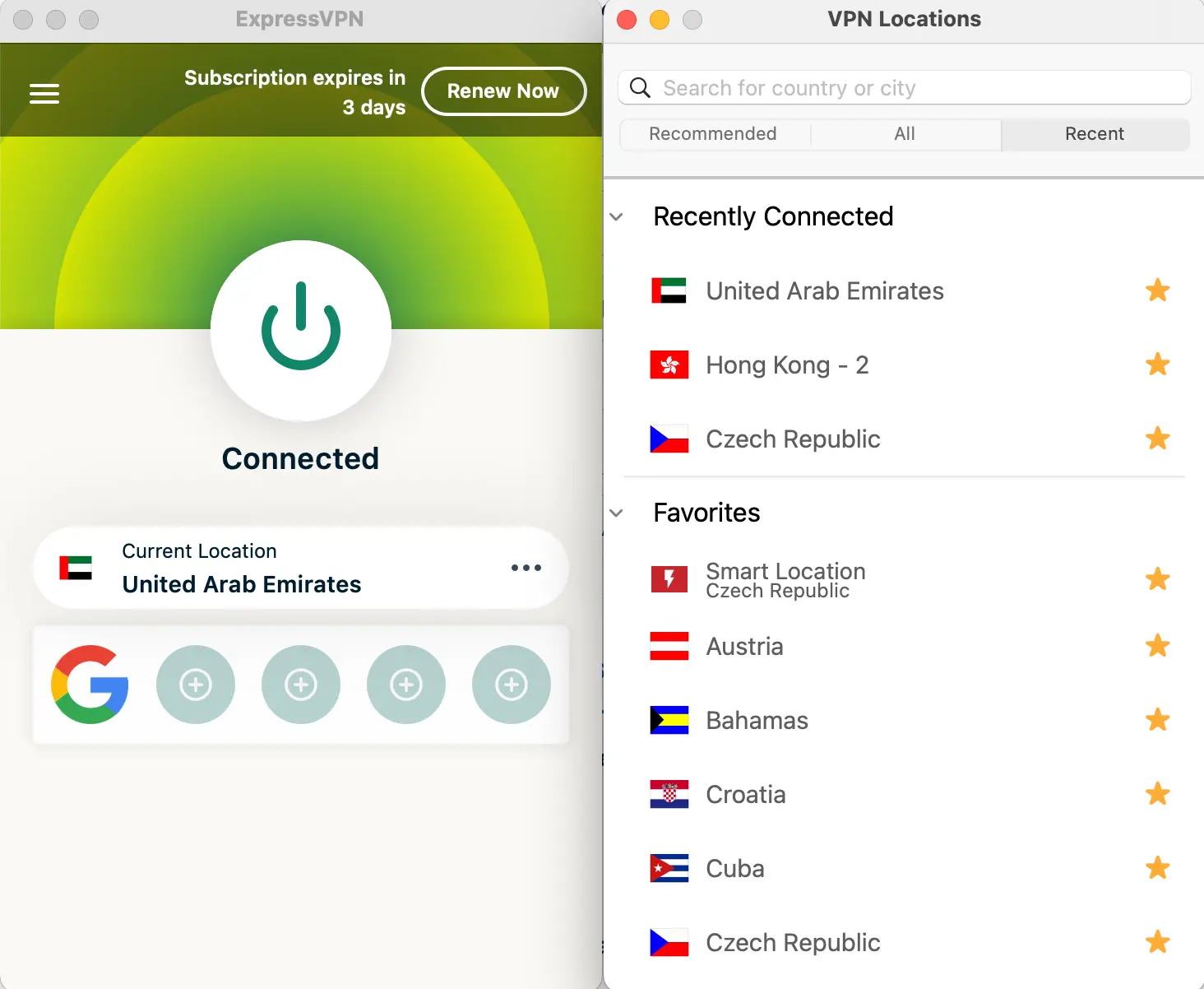 ExpressVPN app on macOS connected to a United Arab Emirates server, showing recent and favorite VPN locations including UAE, Hong Kong, Czech Republic, Austria, Bahamas, and more—proof of real-world testing for streaming, VoIP, and privacy in the UAE.