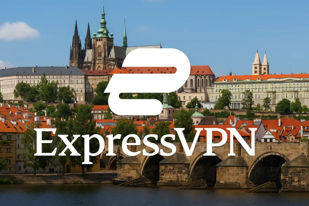 ExpressVPN logo over a scenic view of Prague with Charles Bridge and Prague Castle, symbolizing secure, fast, and unrestricted internet access across the Czech Republic for travelers and remote workers.