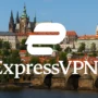 ExpressVPN logo over a scenic view of Prague with Charles Bridge and Prague Castle, symbolizing secure, fast, and unrestricted internet access across the Czech Republic for travelers and remote workers.