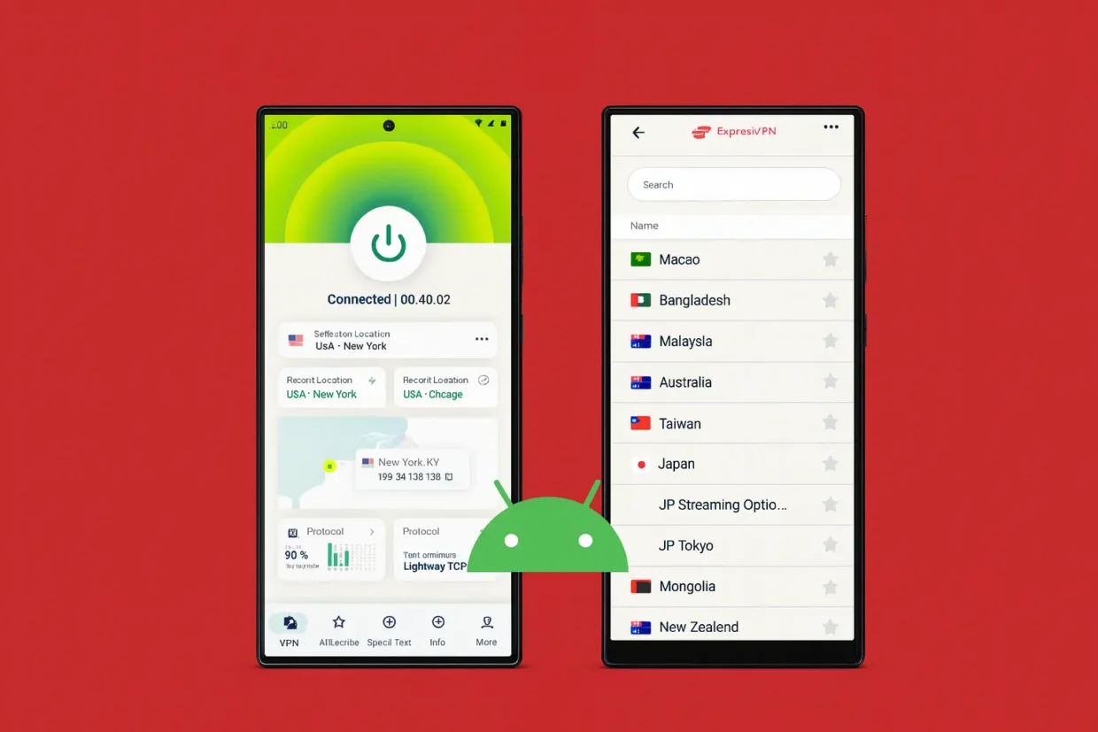 Two Samsung Android smartphones with ExpressVPN app, red background, and Android icon – perfect visual for VPN protection, streaming, and mobile security in 2025.