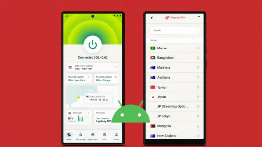 Two Samsung Android smartphones with ExpressVPN app, red background, and Android icon – perfect visual for VPN protection, streaming, and mobile security in 2025.