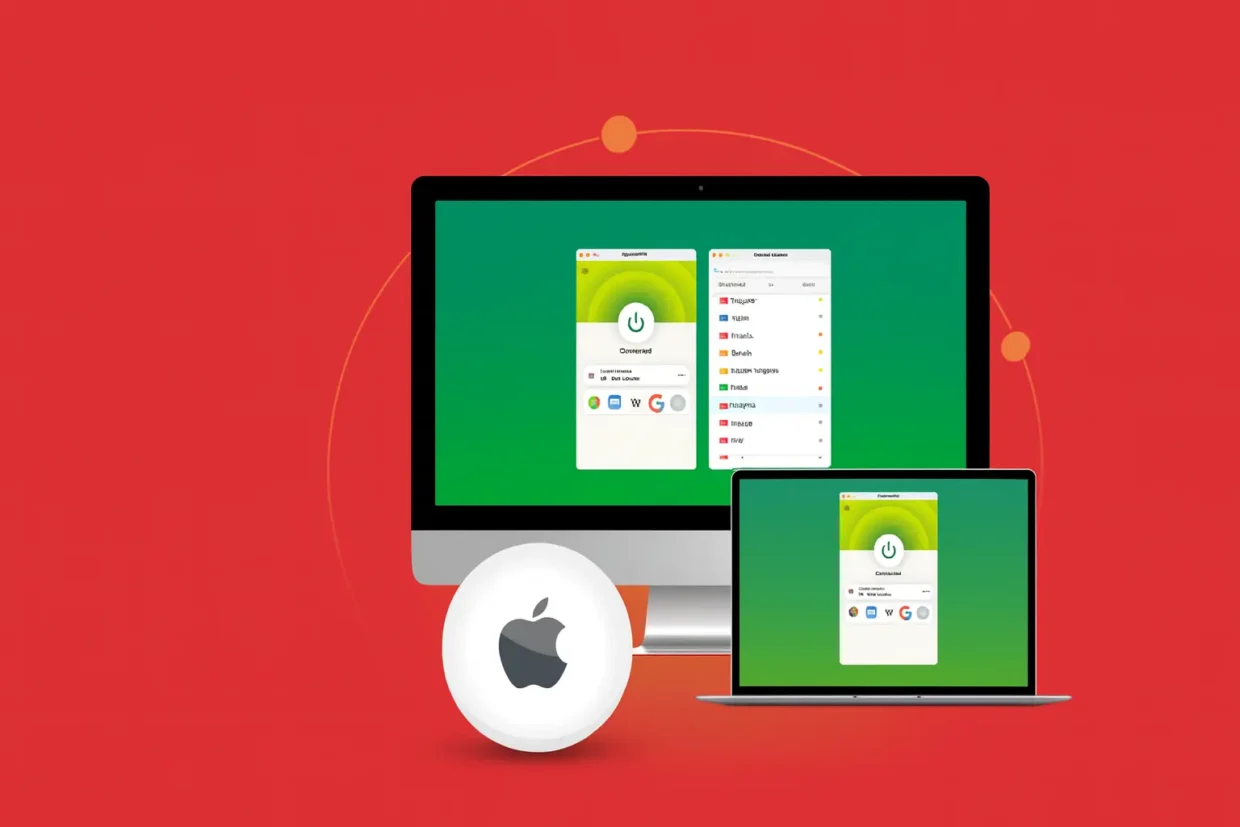 Digital illustration showing an iMac and a MacBook Pro with ExpressVPN app screens, placed on a red background with a prominent Apple logo. All elements are centered and do not touch the image edges.