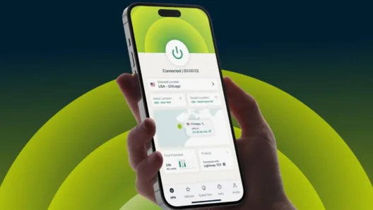 Hand holding a smartphone displaying the ExpressVPN mobile app connected to a Chicago, USA server, with a green power button and a modern interface for selecting VPN locations.