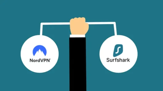 Illustration of a hand holding a balance bar with the NordVPN and Surfshark logos on each side, symbolizing a comparison between the two VPN services.