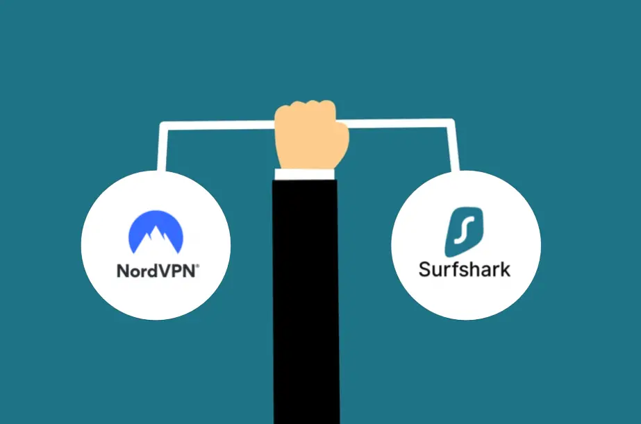 Illustration of a hand holding a balance bar with the NordVPN and Surfshark logos on each side, symbolizing a comparison between the two VPN services.