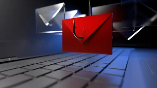 A red envelope with a phishing hook symbol hovers above a laptop keyboard, representing a phishing email attack and the risks of online scams.