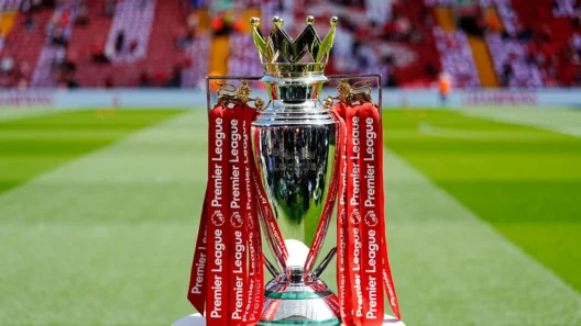 Premier League trophy on the pitch, symbolizing the ultimate prize and historic records every club and player dreams of winning.