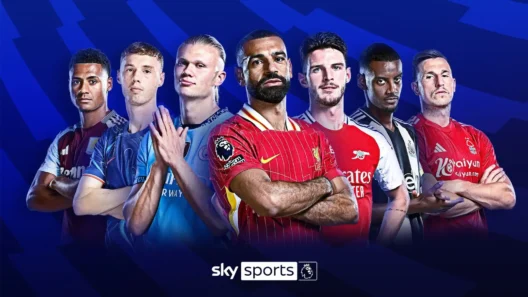 Premier League football stars from multiple clubs standing together in official team jerseys, set against a blue background with the Sky Sports and Premier League logos at the bottom.