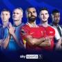 Premier League football stars from multiple clubs standing together in official team jerseys, set against a blue background with the Sky Sports and Premier League logos at the bottom.