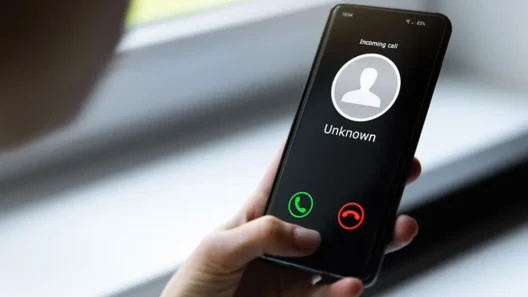 A person holding a smartphone with an incoming call from an unknown number, displayed on the screen with options to accept or decline the call.