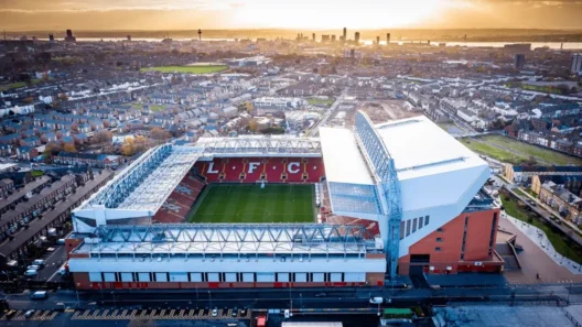Aerial view of Anfield Stadium in Liverpool at sunset, showcasing the legendary home of Liverpool FC surrounded by the city – a must-visit destination for every football fan.