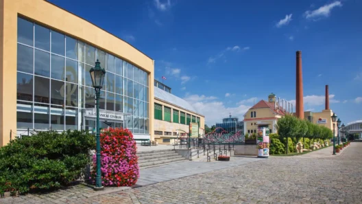 Pilsner Urquell Visitor Centre exterior with brewery buildings, red brick chimneys, and clear blue sky in Pilsen, Czech Republic