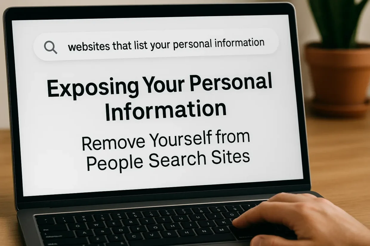 A laptop screen showing a search for "websites that list your personal information" with a bold privacy warning, and a hand on the keyboard—perfect visual for an article about protecting your personal data from people search sites.