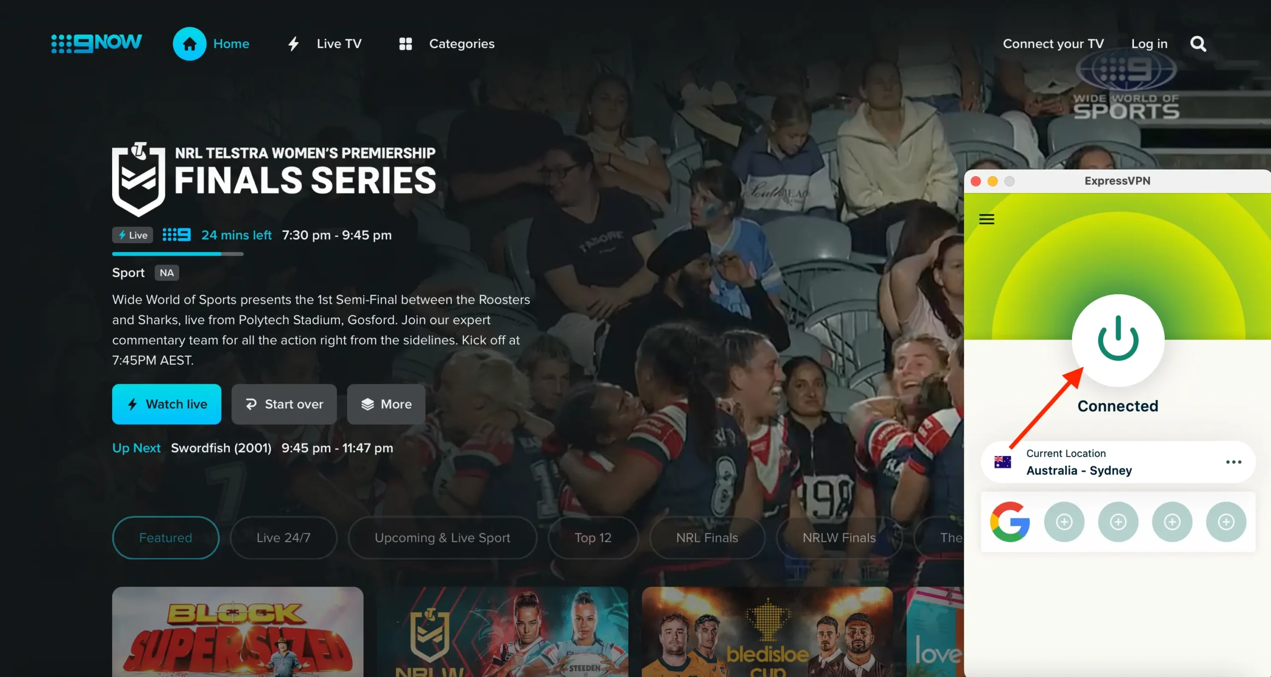 9Now streaming unlocked using ExpressVPN connected to a server in Sydney.