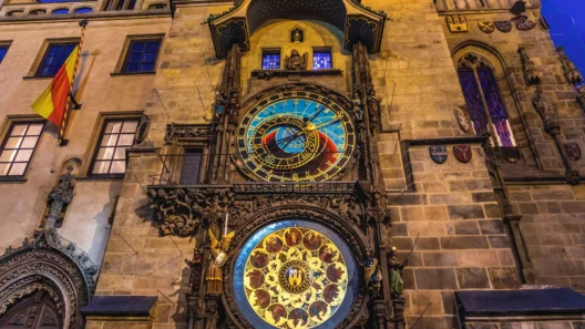 The Prague Astronomical Clock glowing at dusk in Old Town Square, its colorful astronomical dial and intricate calendar plate illuminated on the historic stone tower, capturing centuries of history and wonder.