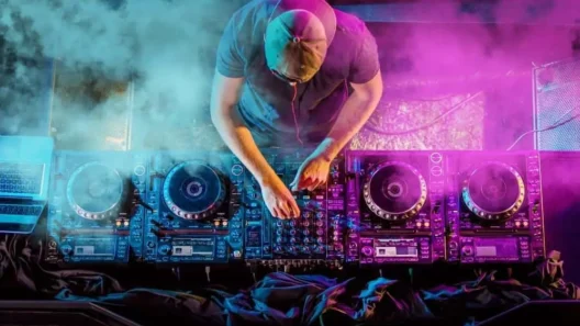 Top-down view of a DJ performing live surrounded by colorful smoke and glowing equipment—turntables, mixers, and decks—capturing the high-energy vibe of modern EDM culture.