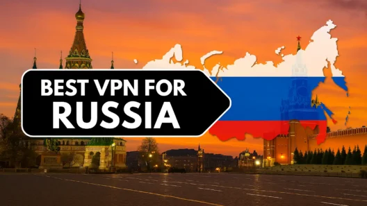 Sunset view of Moscow’s Red Square with Saint Basil’s Cathedral and the Kremlin, overlaid with a map of Russia in flag colors and the text “Best VPN for Russia.”