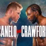 Promotional face-off image of Canelo Alvarez and Terence Crawford, both shirtless and staring each other down before their highly anticipated 2025 boxing super fight.