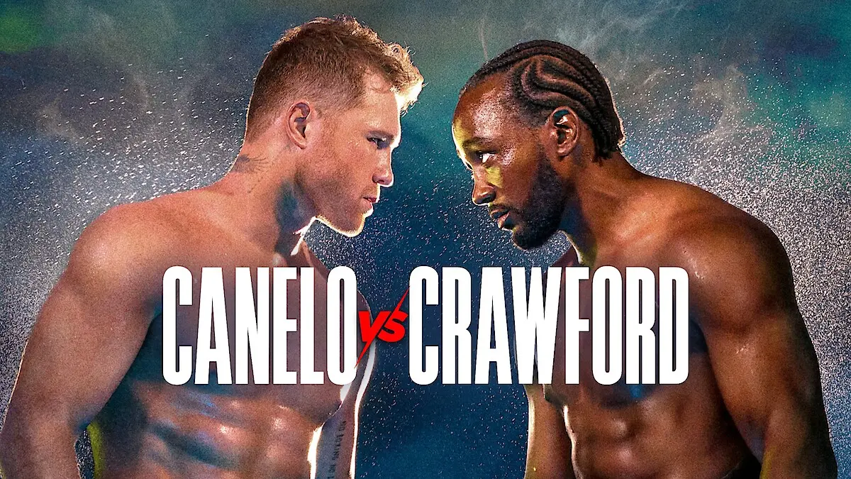 Promotional face-off image of Canelo Alvarez and Terence Crawford, both shirtless and staring each other down before their highly anticipated 2025 boxing super fight.