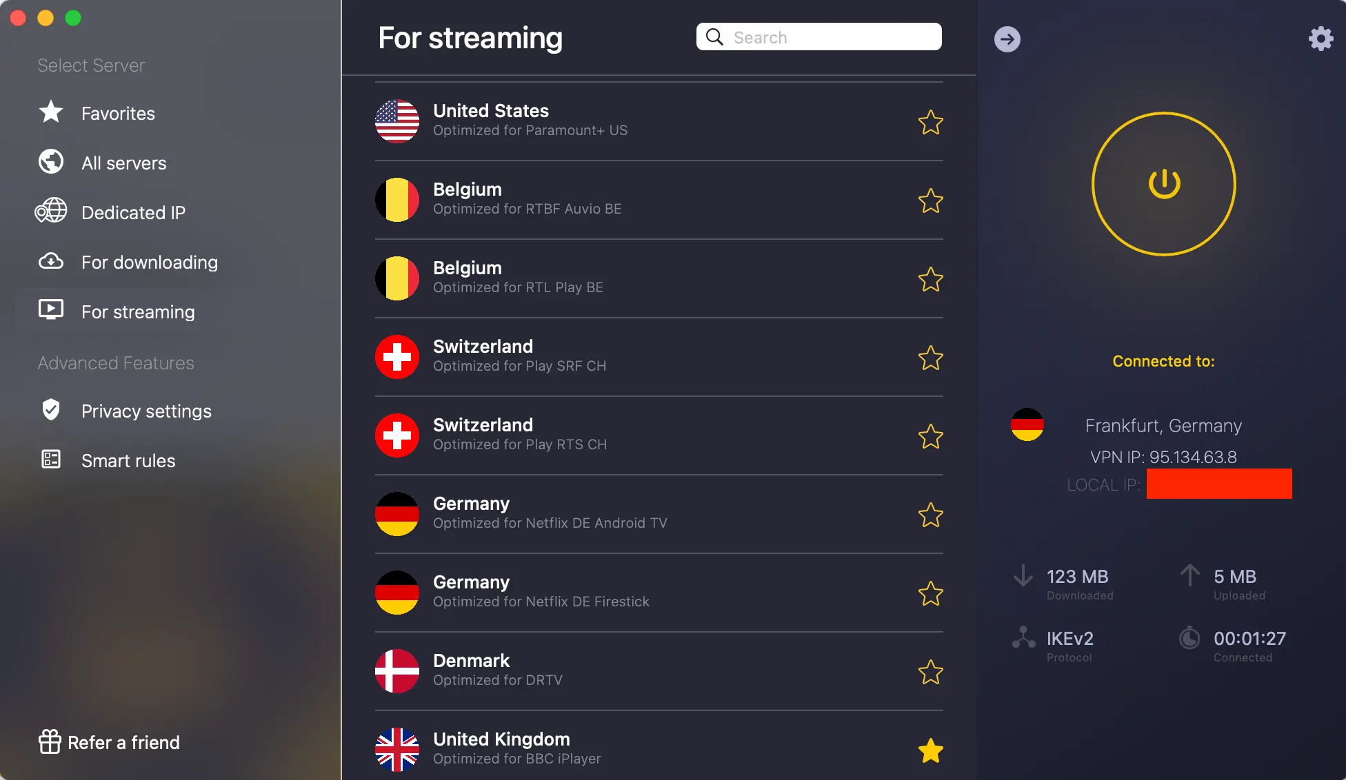 CyberGhost VPN MacOS app showing streaming-optimized servers for Netflix, BBC iPlayer, and other platforms.
