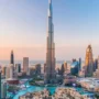 Skyline of Downtown Dubai with Burj Khalifa at sunset, UAE