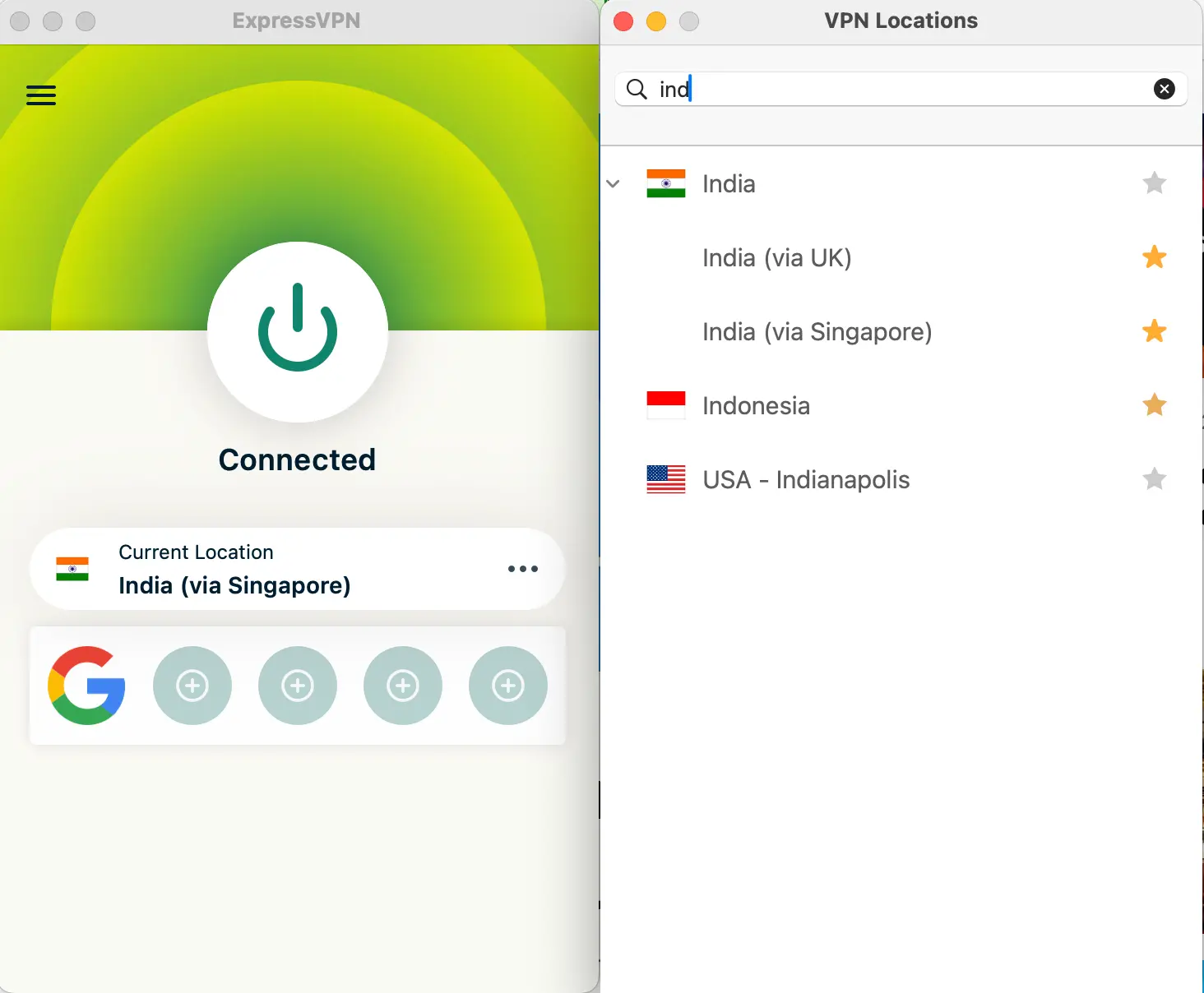 ExpressVPN app connected to an India server via Singapore, showing successful VPN connection for accessing Indian services.