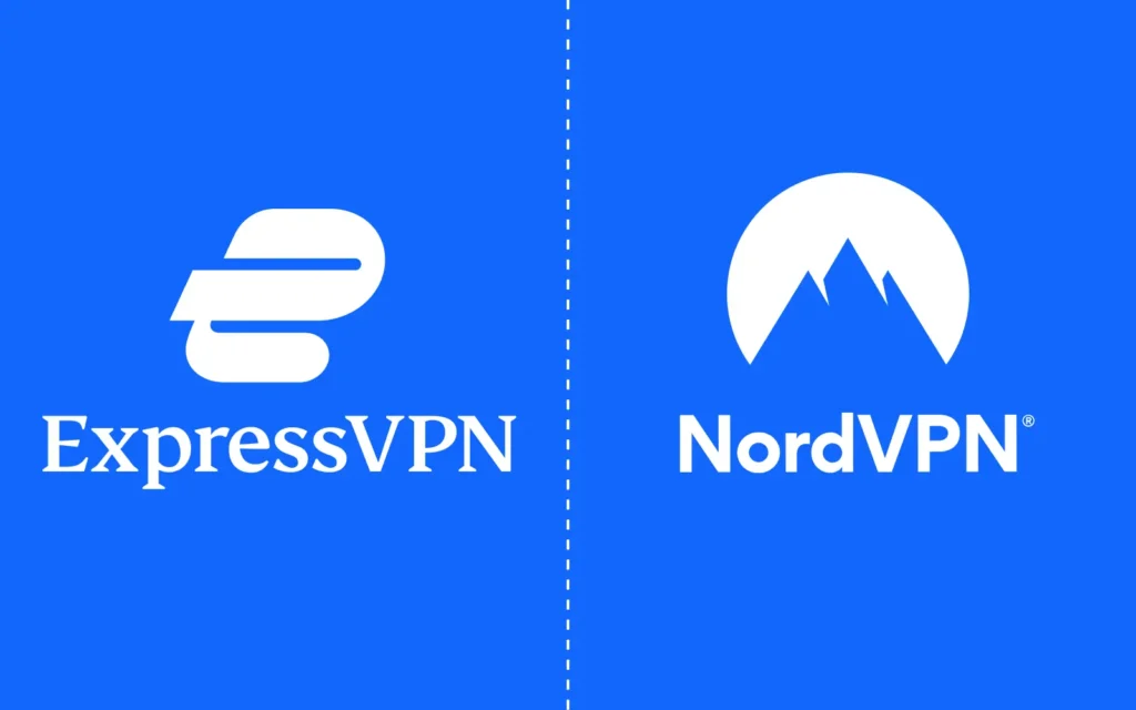 Side-by-side comparison of ExpressVPN and NordVPN logos on a blue background, representing a head-to-head review of two leading VPN providers.
