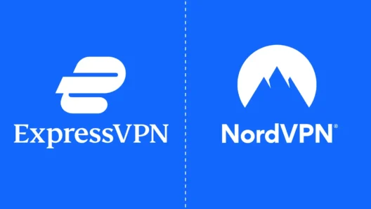 Side-by-side comparison of ExpressVPN and NordVPN logos on a blue background, representing a head-to-head review of two leading VPN providers.