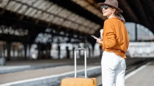 A smiling female traveler with a suitcase and coffee, ready to explore Prague using public transport.