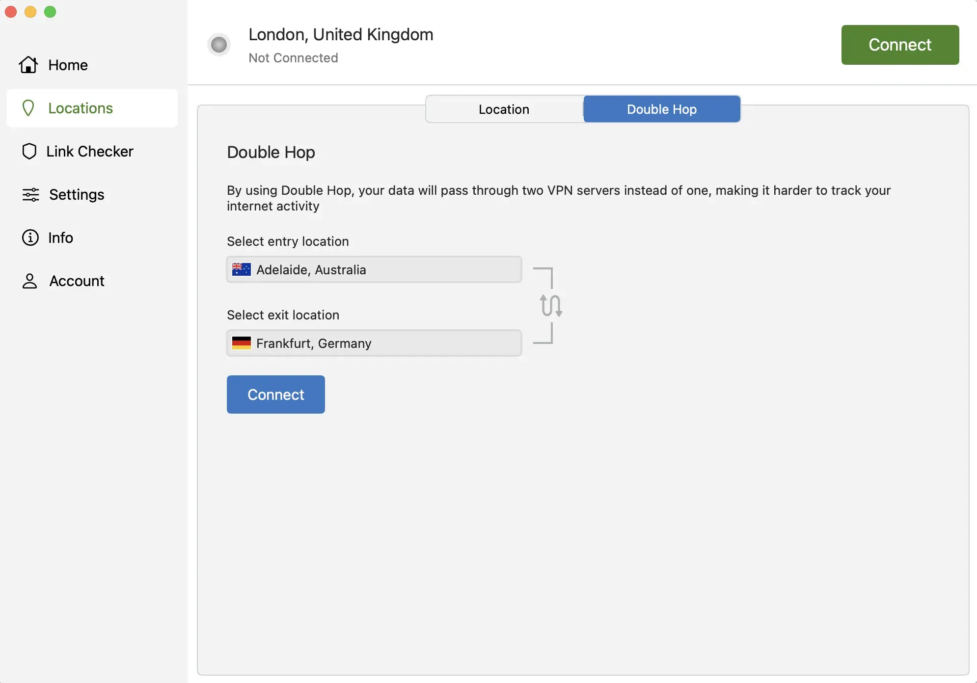 Screenshot of IPVanish Double Hop setup with entry server in Adelaide, Australia and exit server in Frankfurt, Germany – boosting privacy by routing traffic through two countries.