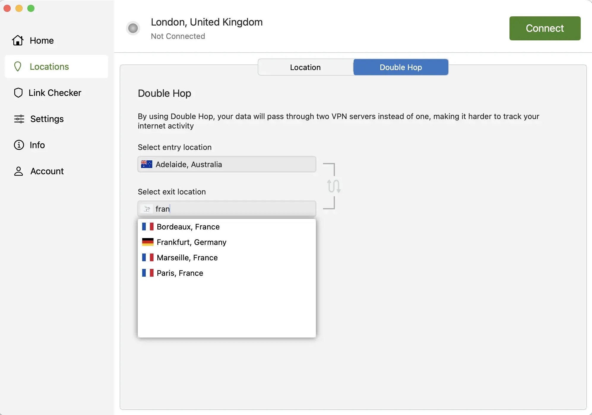 Searching for a French exit location in IPVanish’s Double Hop setup – options include Paris, Bordeaux, and Marseille.
