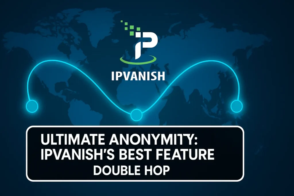 Visual representation of IPVanish VPN highlighting its Double Hop feature with a world map and glowing connection paths for ultimate online anonymity.