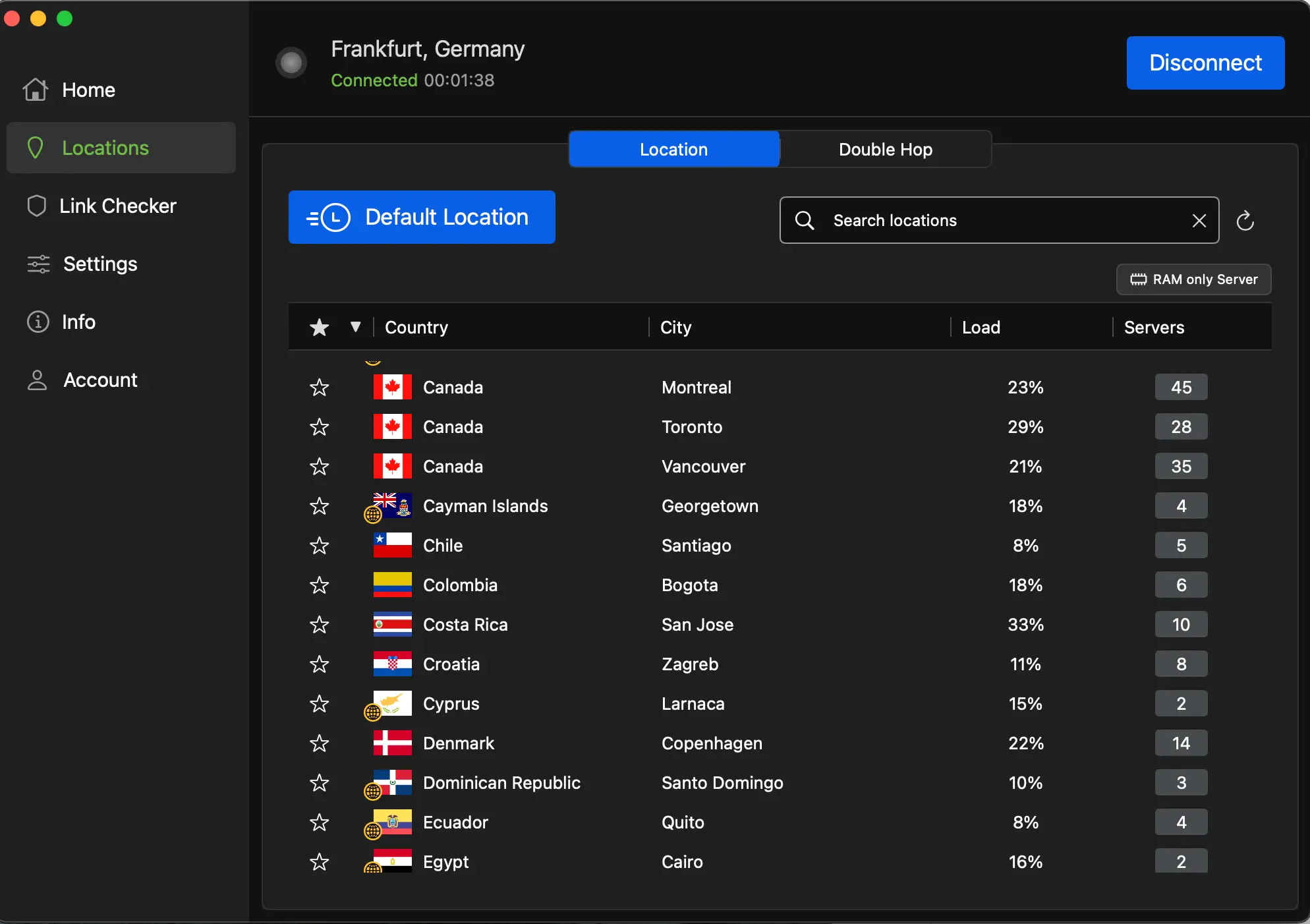 Screenshot of the IPVanish VPN app on MacOS showing a list of global server locations, including Canada, Croatia, and Australia, with details about server load and available servers for each city.