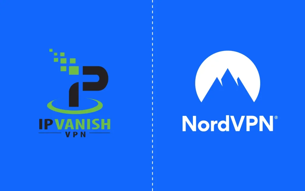 Side-by-side comparison graphic featuring the IPVanish VPN logo on the left and the NordVPN logo on the right, both on a blue background.