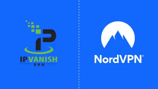 Side-by-side comparison graphic featuring the IPVanish VPN logo on the left and the NordVPN logo on the right, both on a blue background.