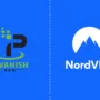 Side-by-side comparison graphic featuring the IPVanish VPN logo on the left and the NordVPN logo on the right, both on a blue background.