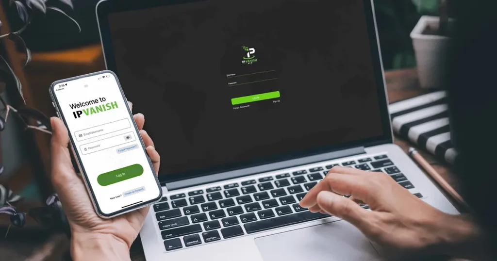 A person logging into IPVanish on both a smartphone and a laptop at the same time, illustrating the real benefit of unlimited device connections for families, small businesses, or anyone who wants VPN security on all their gadgets.